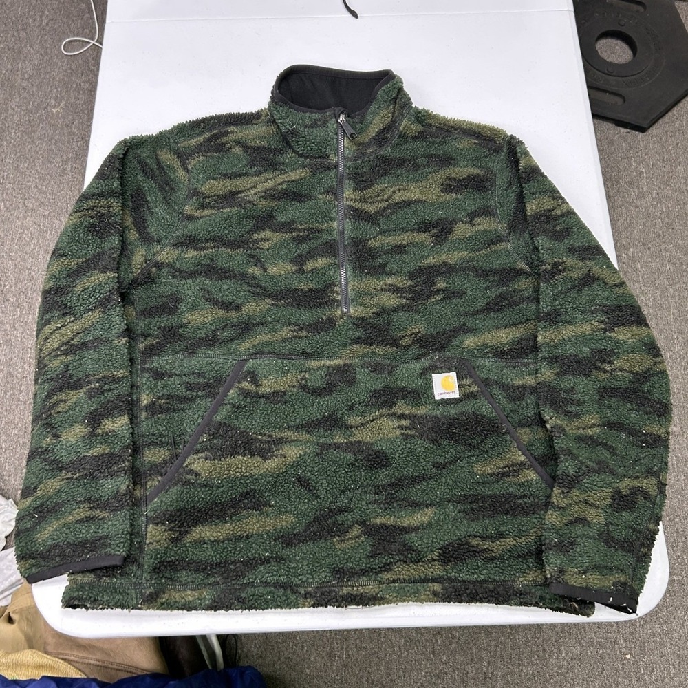 Carhartt Fleece Pullover Mens Large Green Camo OJ6443-M Sherpa Quarter Zip